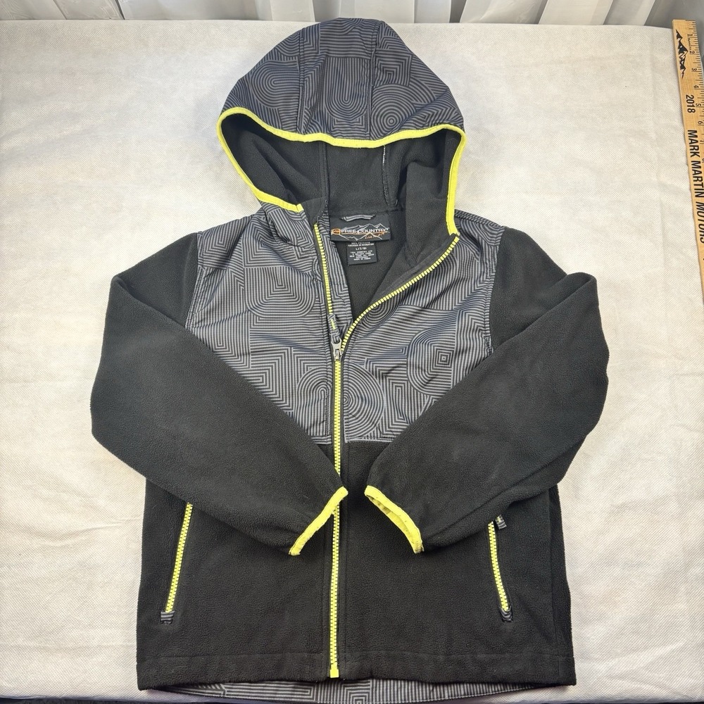 FREE COUNTRY Full Zip Up Black/Green Hooded Fleece Jacket Boy's Size Large 7/8